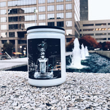 Load image into Gallery viewer, KCMOCO. Fountain City Candle in KC Collection Jar: White glass jar with photo label depicting David Woods Kemper Memorial Fountain aka Muse of the Missouri by Wheeler Williams, with black bamboo lid. Fountains in background.
