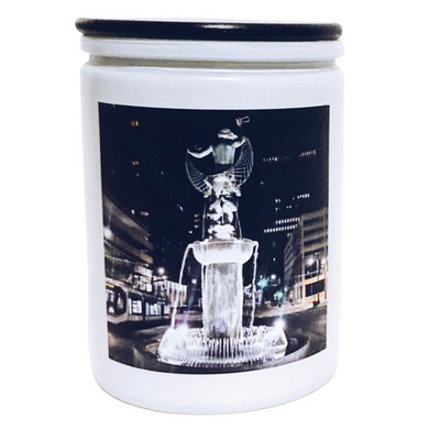 KCMOCO. Candles Fountain City Candle in KC Collection Jar: White glass jar with photo label depicting David Woods Kemper Memorial Fountain aka Muse of the Missouri by Wheeler Williams, with black bamboo lid.