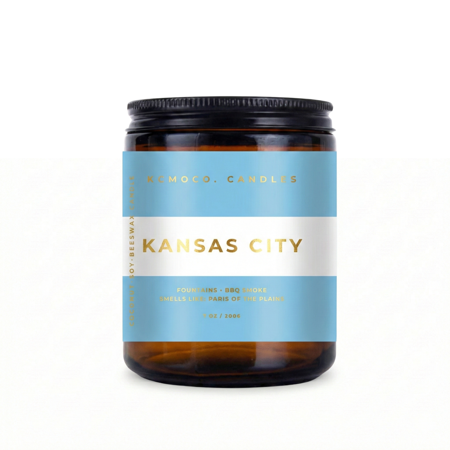 blue white and gold Argentina Flag inspired label on candle reading "Kansas City" with black lid on white background