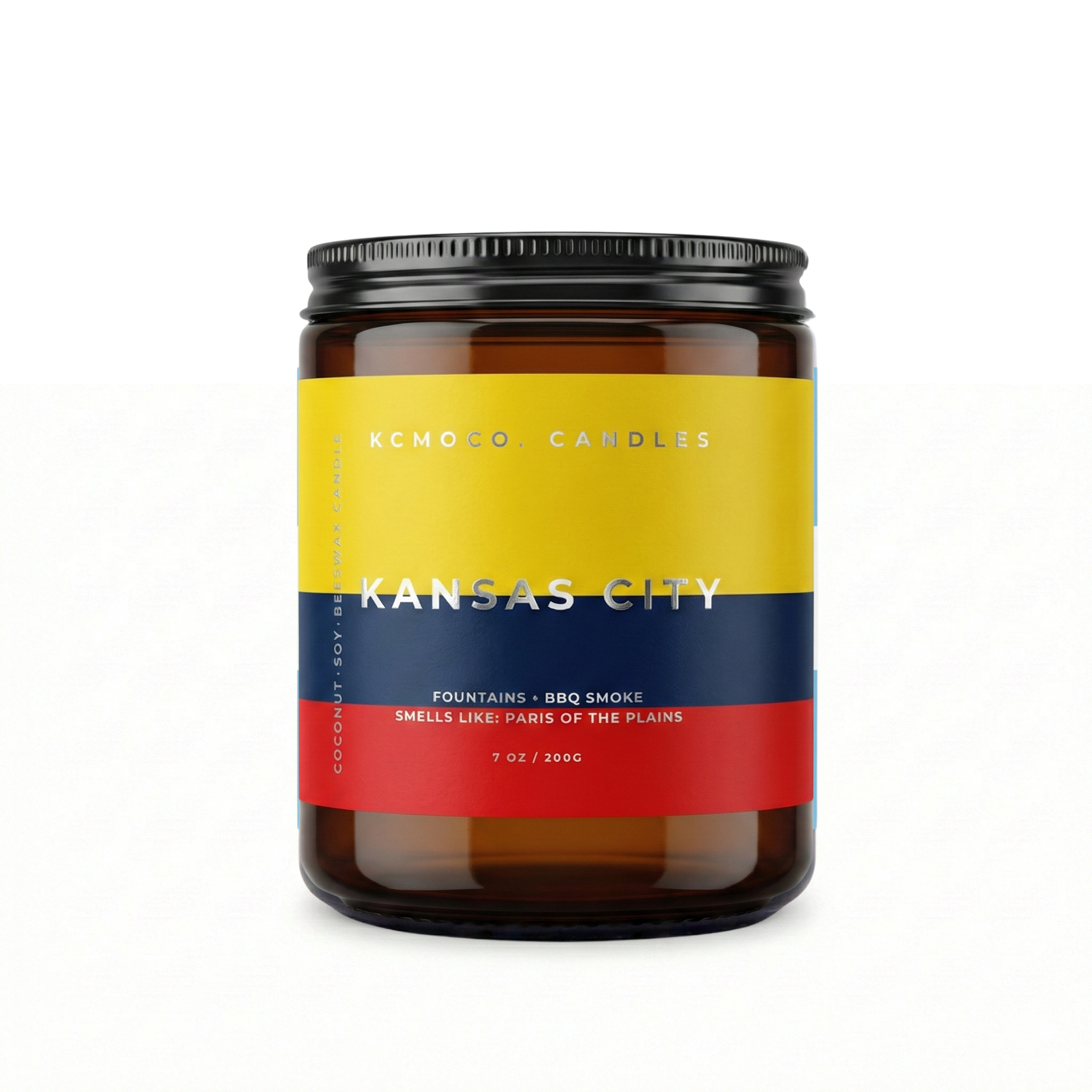 yellow blue red and silver Ecuador Flag inspired label on candle reading "Kansas City" with black lid on white background