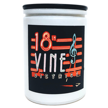 Load image into Gallery viewer, KCMOCO. 18th &amp; Vine Candle in KC Collection Jar: White glass jar with photo label with photo of 18th &amp; Vine neon sign, with black bamboo lid.
