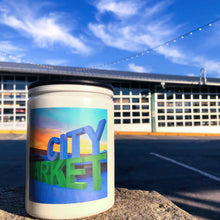 Load image into Gallery viewer, KCMOCO. City Market Candle in KC Collection Jar: White glass jar with photo label with photo of Kansas City&#39;s &quot;City Market&quot; sign, with black bamboo lid, City Market in background.
