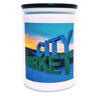 KCMOCO. Candles City Market Candle in KC Collection Jar: White glass jar with photo label with photo of Kansas City's City Market sign, with black bamboo lid