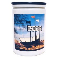 Load image into Gallery viewer, KCMOCO. Candles Westport Candle in KC Collection Jar: White glass jar with photo label depicting photo of Westport wagon, with black bamboo lid.
