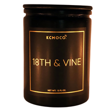 Load image into Gallery viewer, KCMOCO. Candles 18th &amp; Vine Candle in Classic Collection Jar: Black glass jar with gold foil label reading &quot;KCMOCO. 18th &amp; Vine&quot;, with black bamboo lid.
