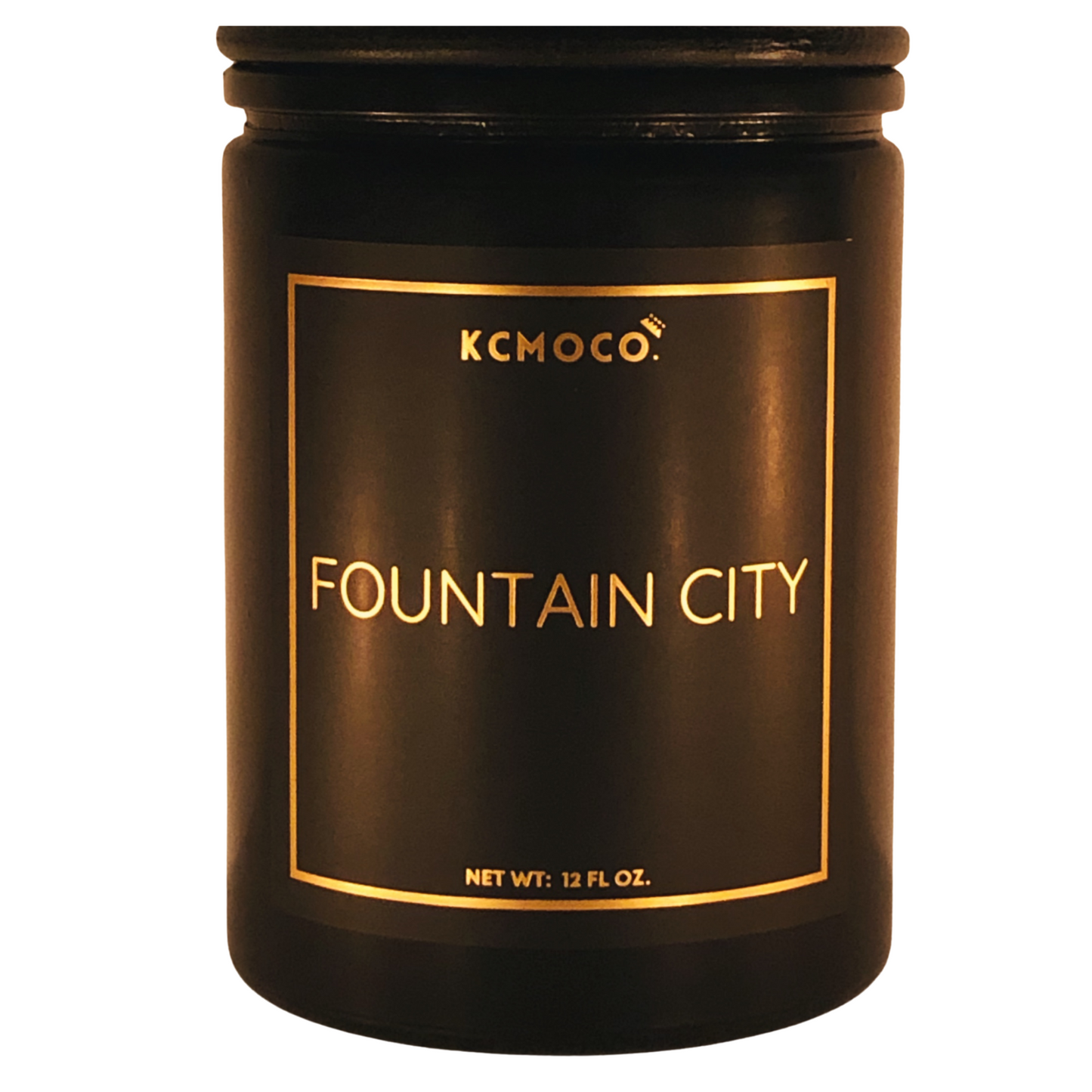 KCMOCO. Candles Fountain City Candle in Classic Collection Jar: Black glass jar with gold foil label reading "KCMOCO. Fountain City", with black bamboo lid.