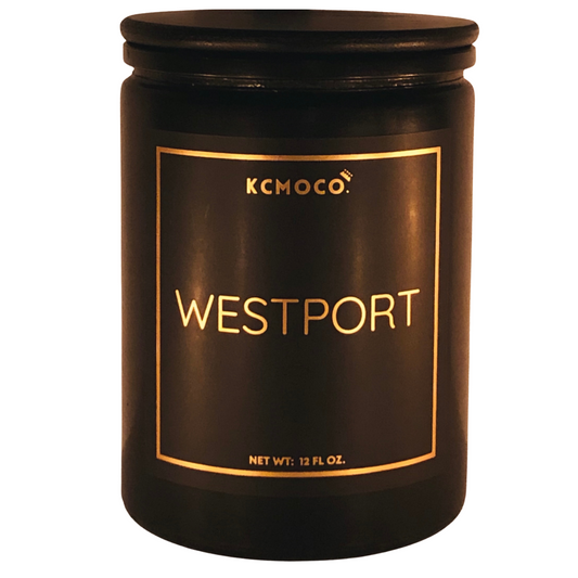 KCMOCO. Candles Westport Candle in Classic Collection Jar: Black glass jar with gold foil label reading "KCMOCO. Westport", with black bamboo lid.